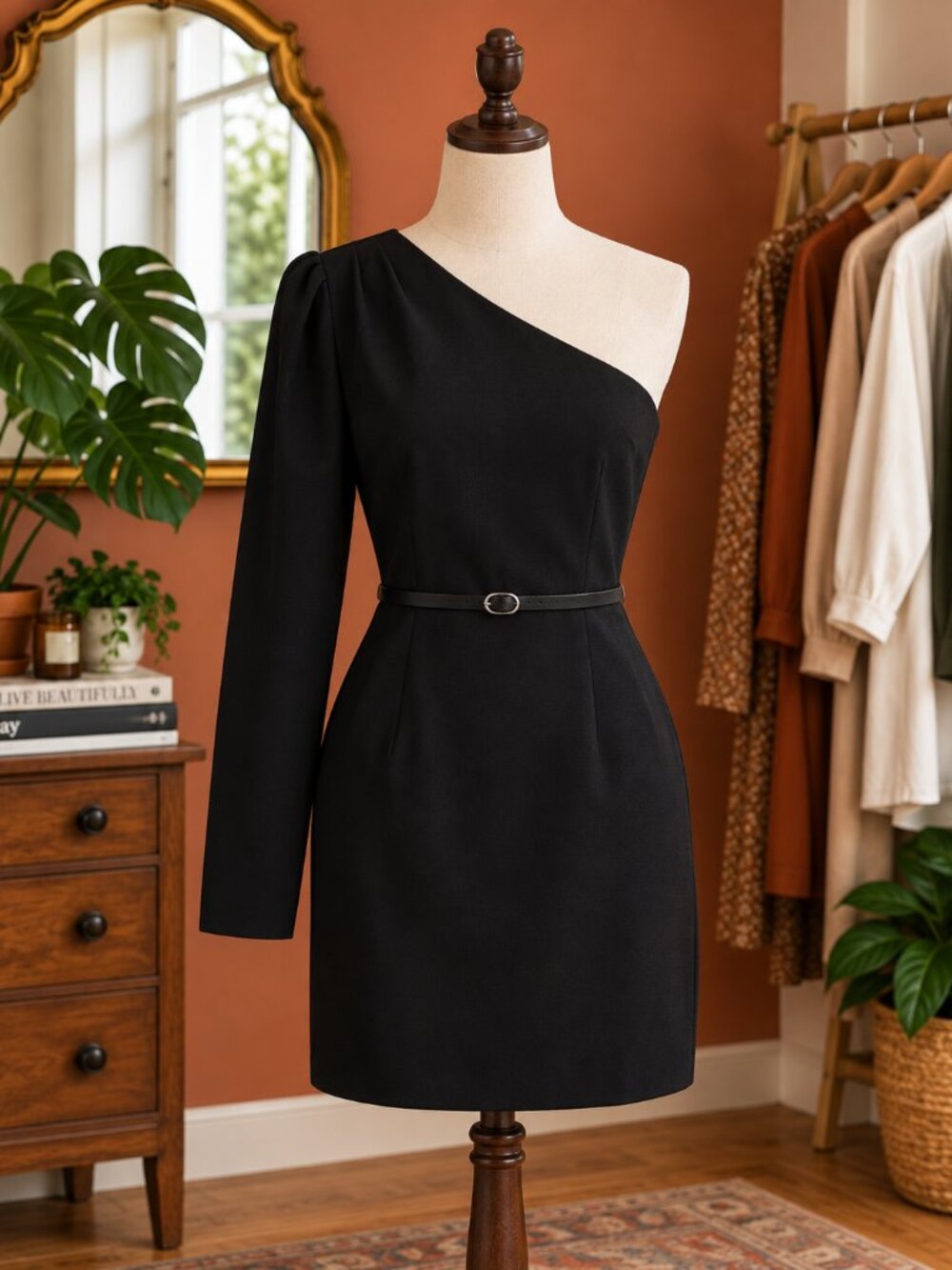 H&M One-Shoulder Black Mini Dress with Belt